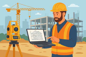 Structural engineer or construction foreman planning building project with digital software and modern surveying equipment on outdoor construction site with crane and concrete frame