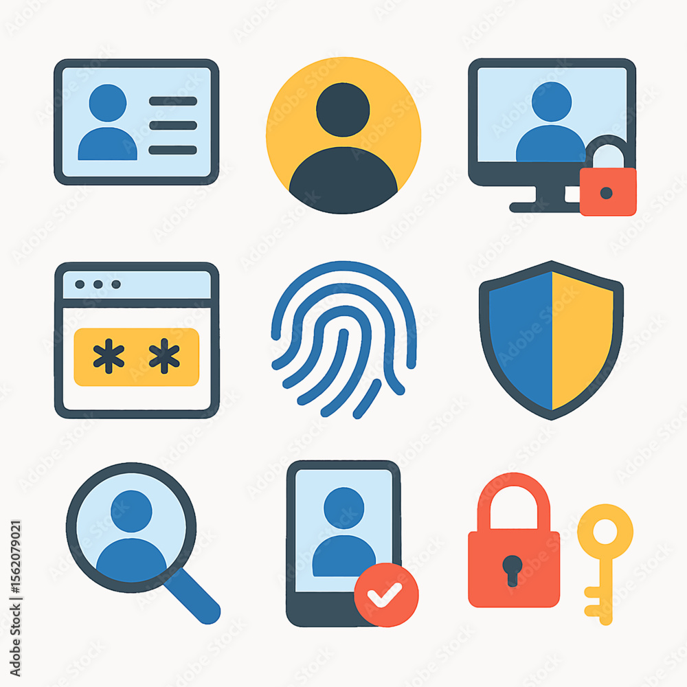 Aufkleber set of security and protection icons representing digital safety measures and user verification
