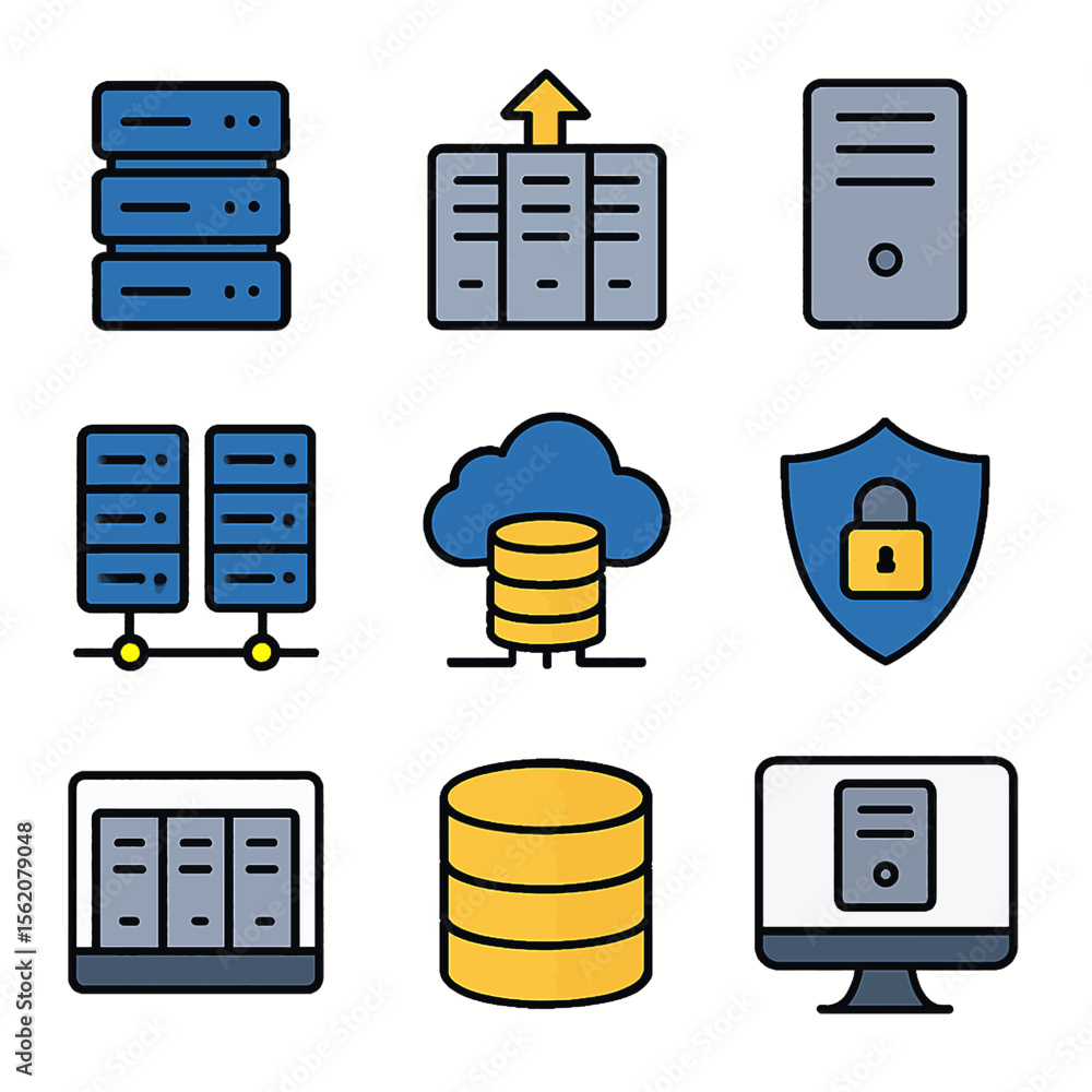 Poster Set of server and database icons representing data storage and network systems