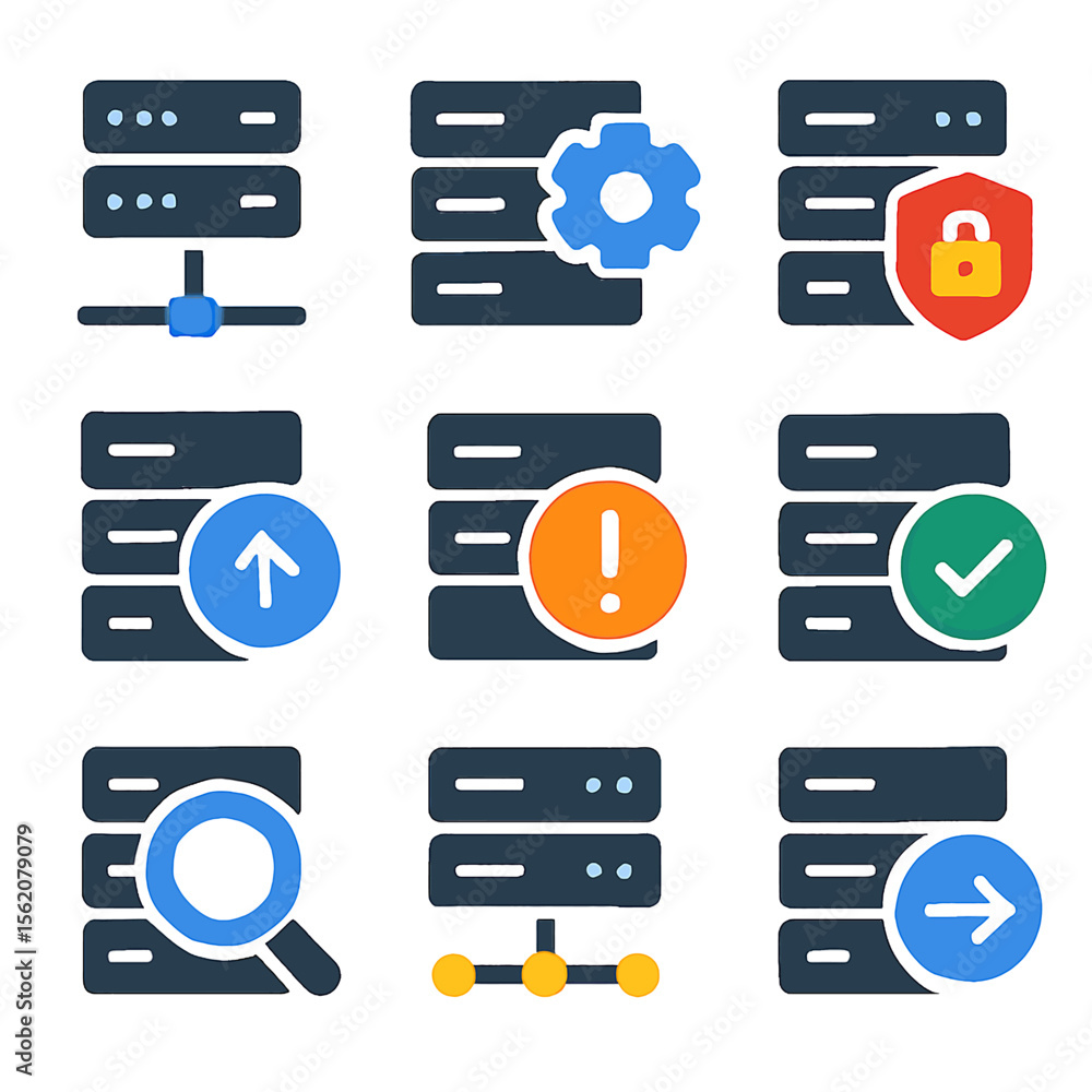 Poster set of server icon illustrations with different operations and status indicators