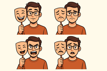 Fototapeta premium Cartoon young man holding mask in hand, multiple emotional expressions, concept of hiding feelings, mental health, self-identity, psychology, vector illustration, isolated character design