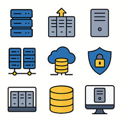 Set of server and database icons representing data storage and network systems