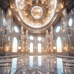Futuristic Quantum Marble Hall 3D Rendered Fisheye Photography
