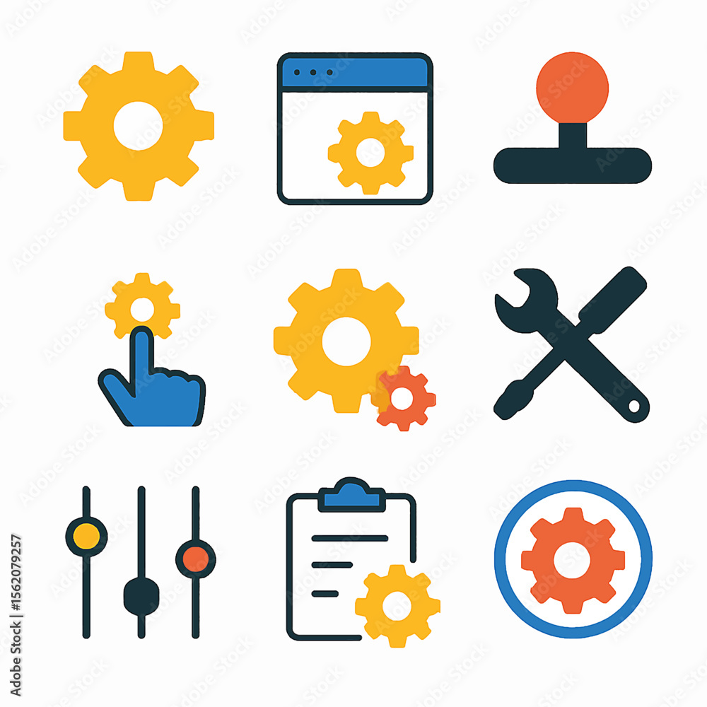 Poster settings and configuration vector icons depicting tools and preferences options
