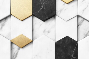 Geometric Luxury: A close-up view showcases an opulent arrangement of hexagonal tiles featuring rich textures of marble and gleaming gold, forming an elegant and abstract design.