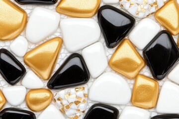 Geometric Harmony of Colored Stones: A close-up, eye-level shot presents an artful arrangement of polished, vibrantly colored stones, revealing their glossy surfaces and captivating patterns.