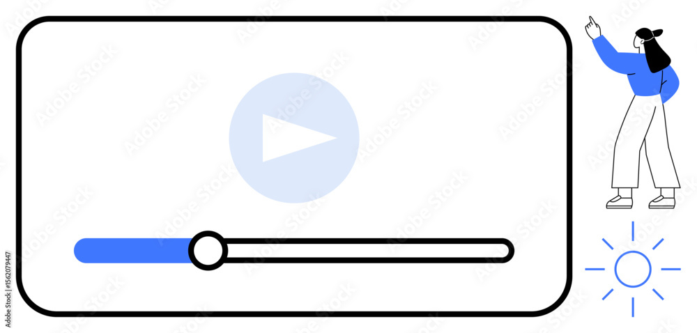 Poster media player interface with progress bar, play button, woman gesturing toward screen, and brightness