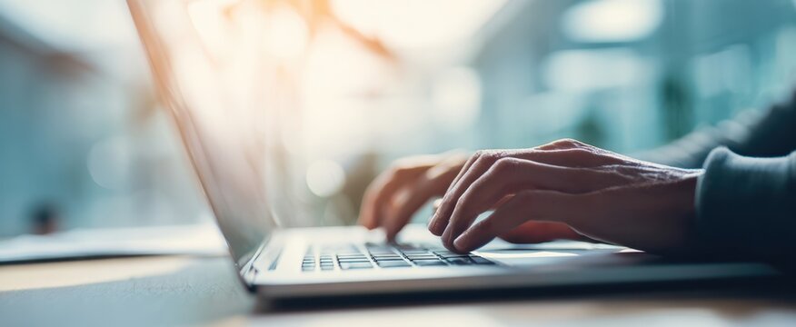 The hands typing on a laptop in a contemporary workspace setting.