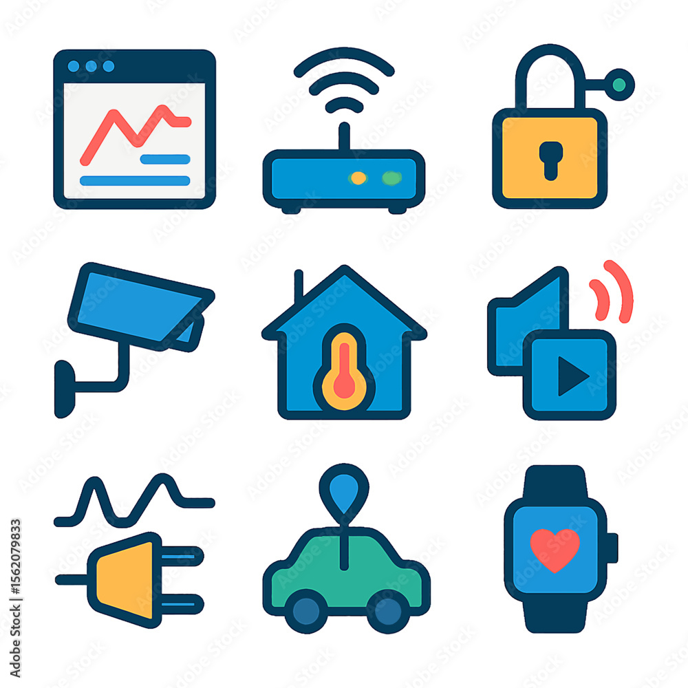 Poster smart home automation system icons set featuring security, connectivity and control