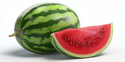 Watermelon and small piece of watermelon slice isolated on white background.