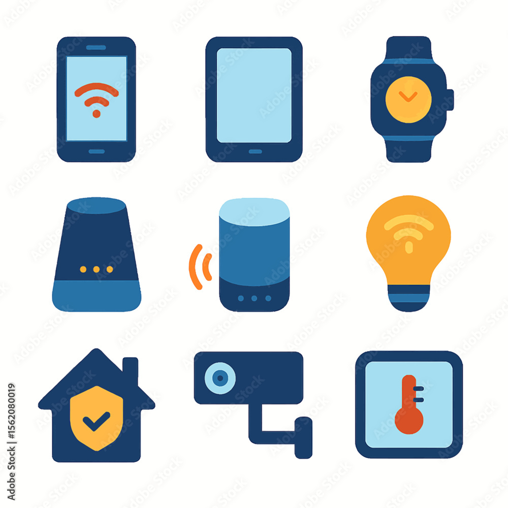 Poster smart home automation system vector icons featuring connected devices and technology