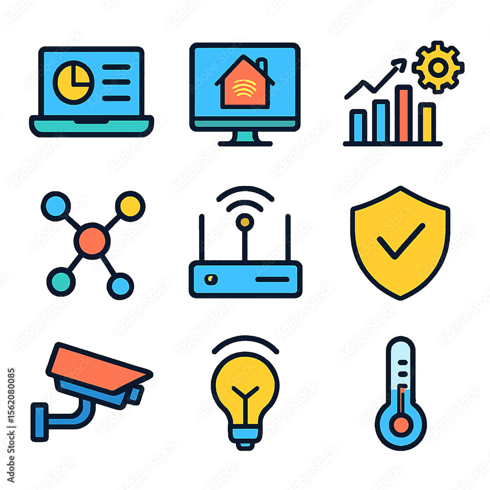 Poster smart home automation system vector icons showcasing interconnected devices and technology