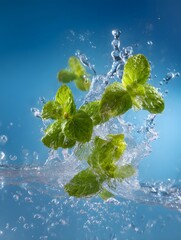 Fresh mint leaves splashing into water against a blue background
