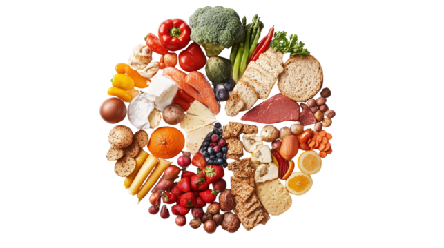 Circular diagram of five food groups with colorful images Transparent background, PNG