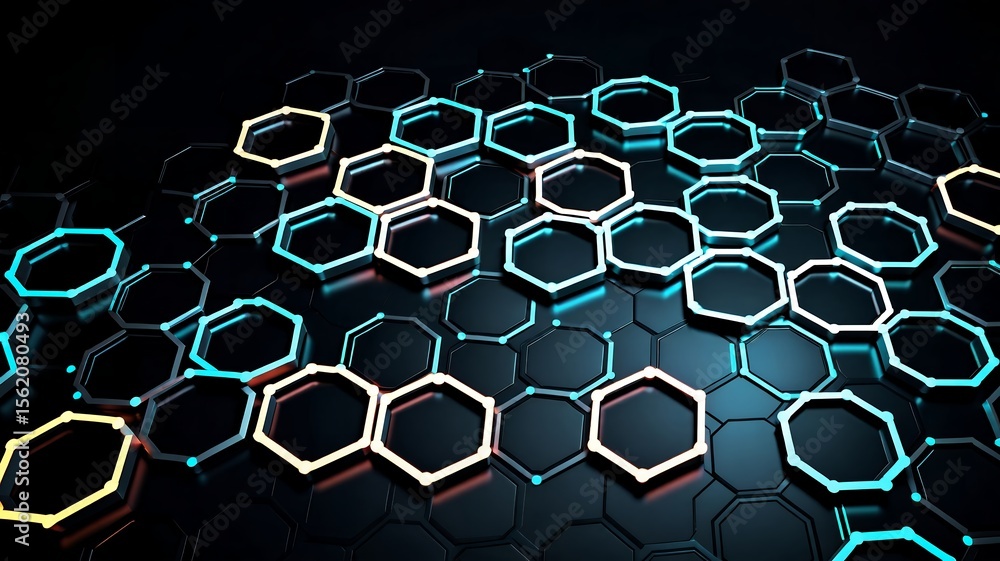 Poster glowing colorful hexagons arranged on dark hexagonal grid background