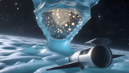 Futuristic sci-fi illustration of a spaceship landed on an icy alien planet, facing a colossal, glowing crystalline structure that emits starlight. The surreal scene combines elements of deep space ex