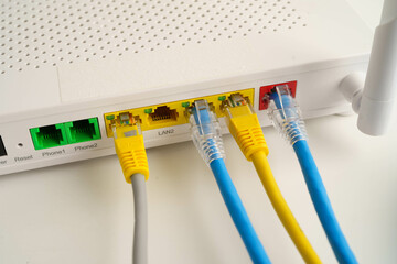Ethernet cable with wireless router connect to internet service provider network.