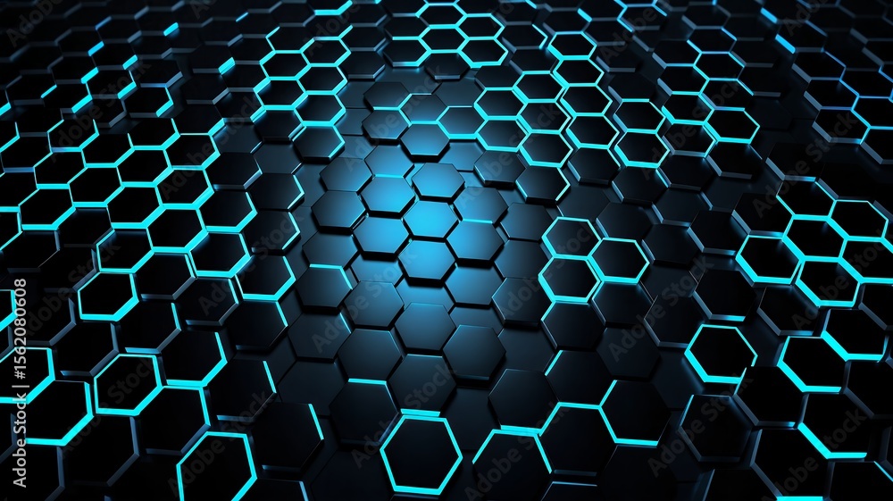 Poster illuminated hexagonal pattern in dark blue and black colors