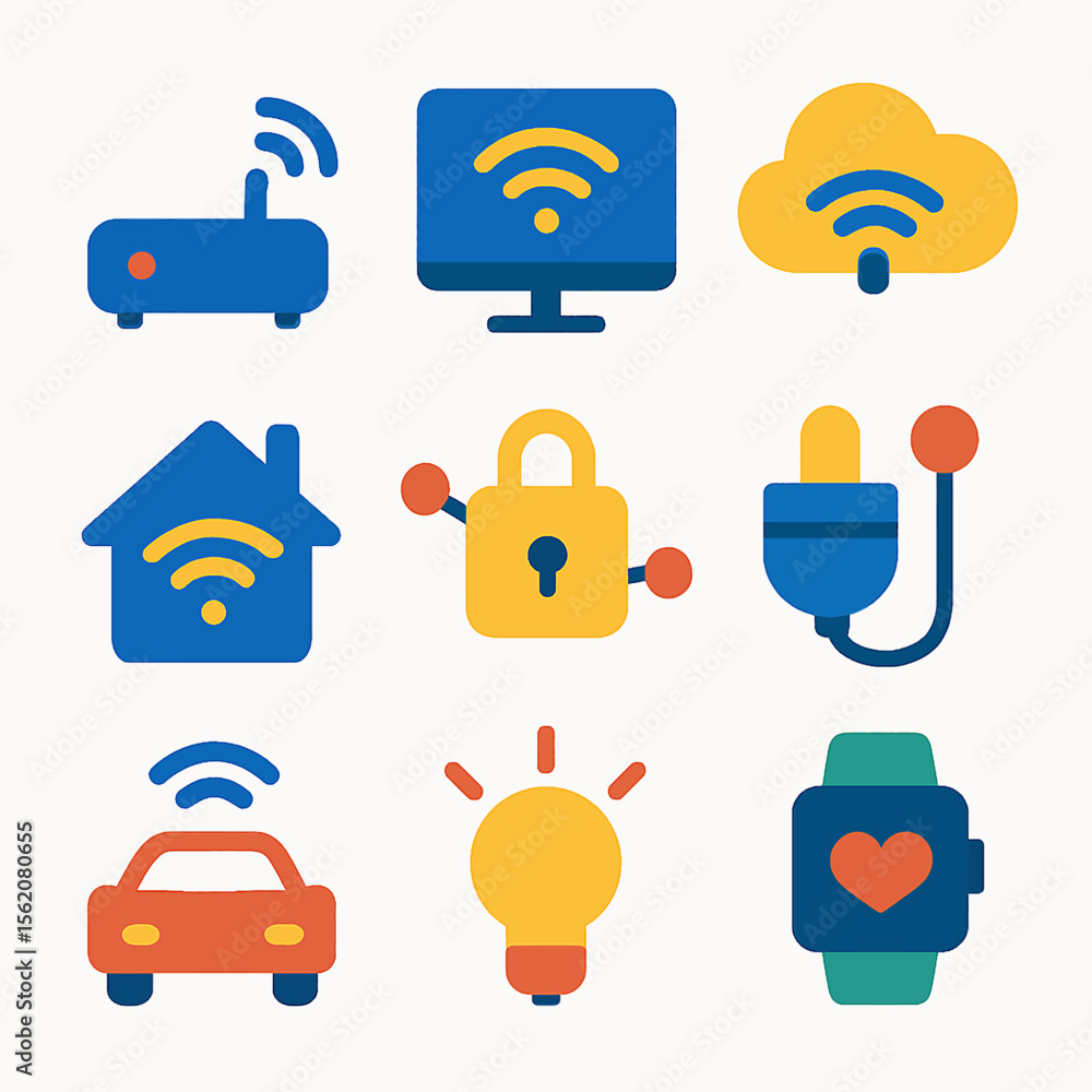 Poster smart home technology icons representing connected devices and automation system