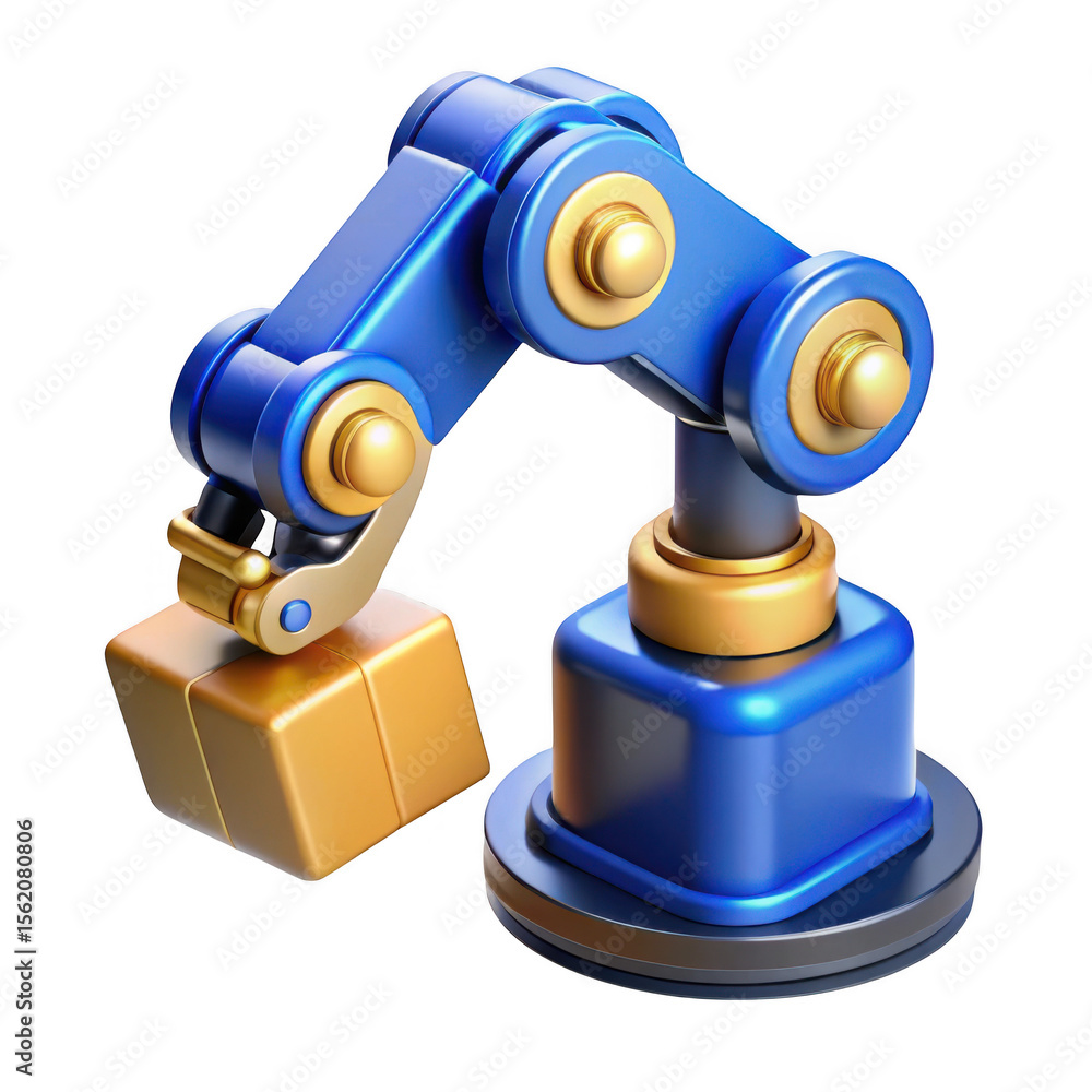 Poster 3d robotic arm lifting package isolated on transparent background
