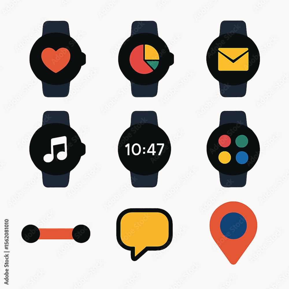 Poster Smartwatch interface with app icons heart rate pie chart message and music notes