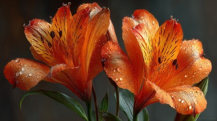 Vibrant orange flowers adorned with droplets, showcasing nature's beauty in a soft-focus background