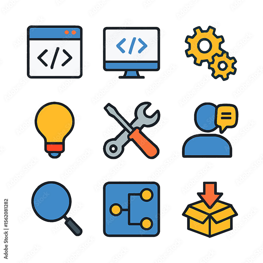 Fototapete software development and coding process illustrated with tools and symbols vector graphics