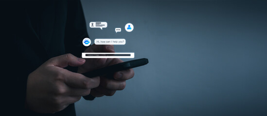 people hand using AI chat bot application on mobile smartphone, chatbot automation, artificial intelligence, machine learning, data analysis, digital innovation, future AI technology trends concept