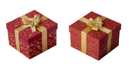 Fototapeta premium Two red and gold gift boxes festive elegant presents wrapped with decorative ribbons isolated on white background