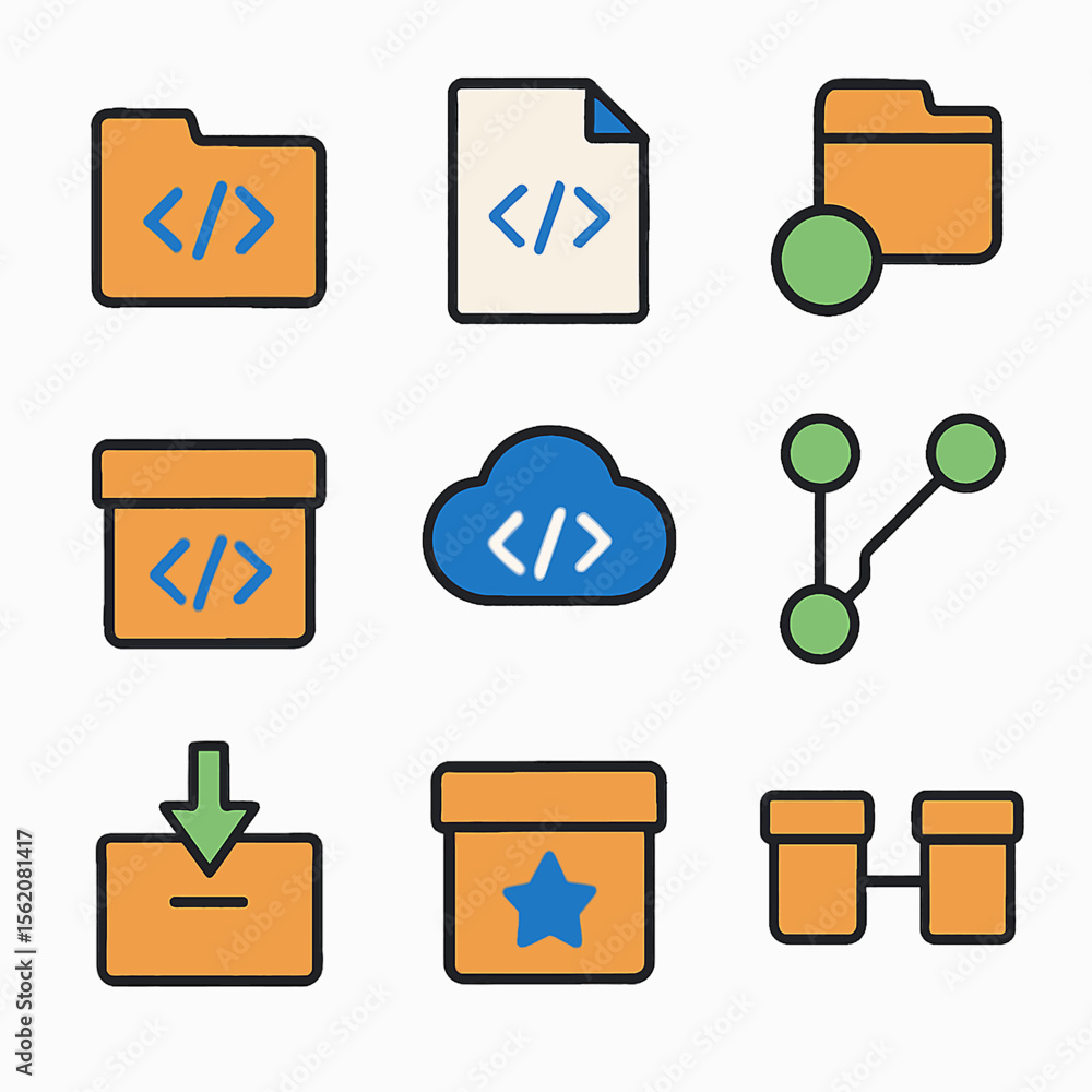 Fototapete software development icons depicting coding, data storage, and connectivity solutions