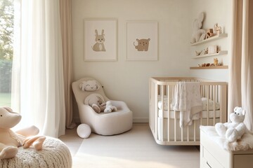 A serene nursery with soft lighting features a wooden crib, cozy chair, and animal-themed decor, creating a calm & inviting baby space.