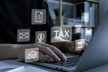 business people hand analysis and calculating budget cost on laptop computer, tax management...