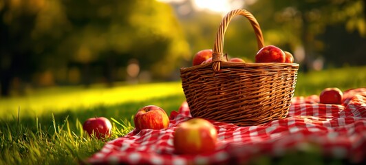 The wicker basket filled with fresh red apples on a sunny picnic blanket.