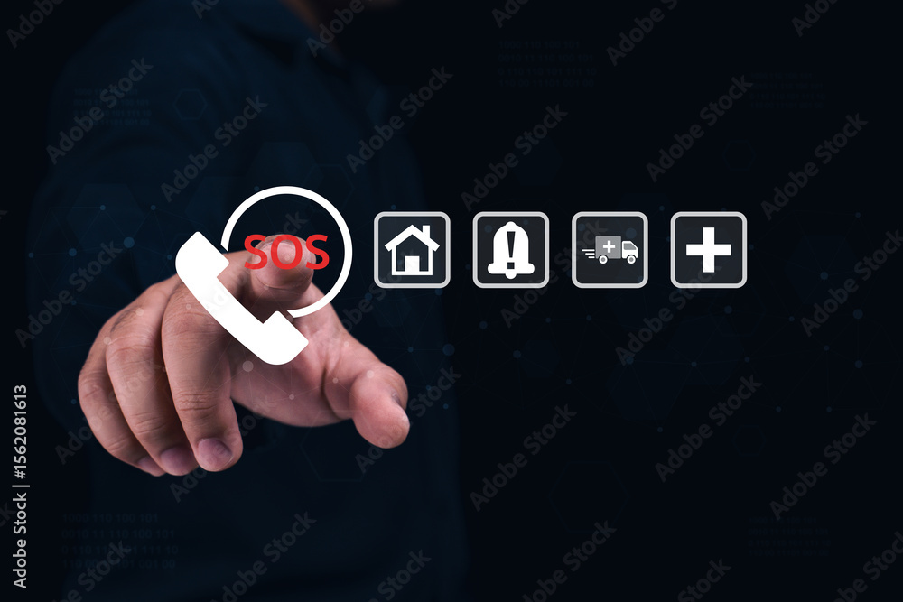 Poster a hand points to a glowing sos icon with emergency-related symbols on a dark digital interface backg