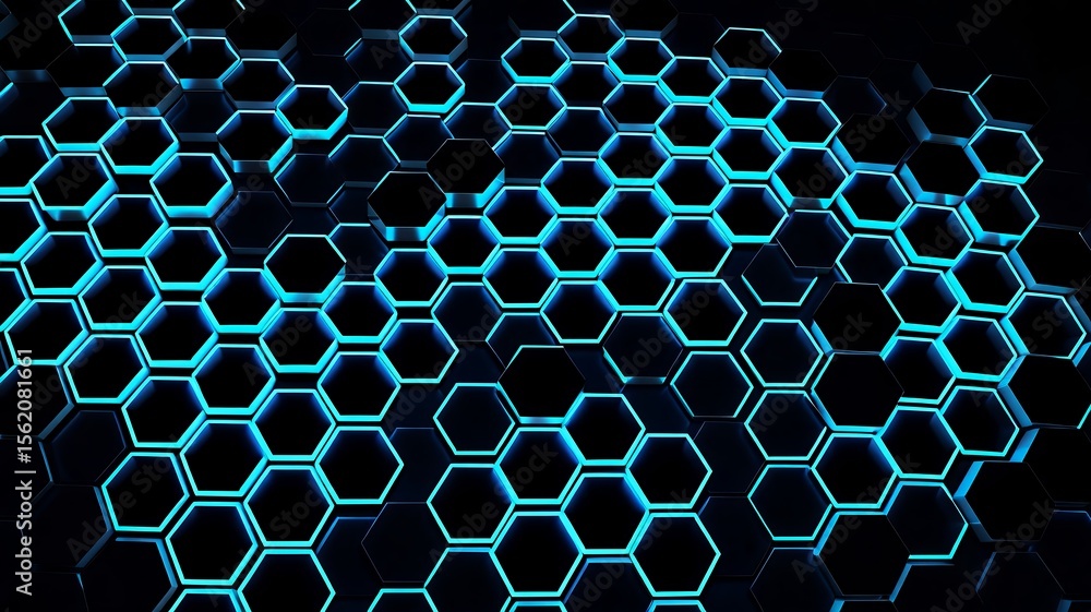 Poster illuminated hexagonal shapes pattern in dark design style rendering
