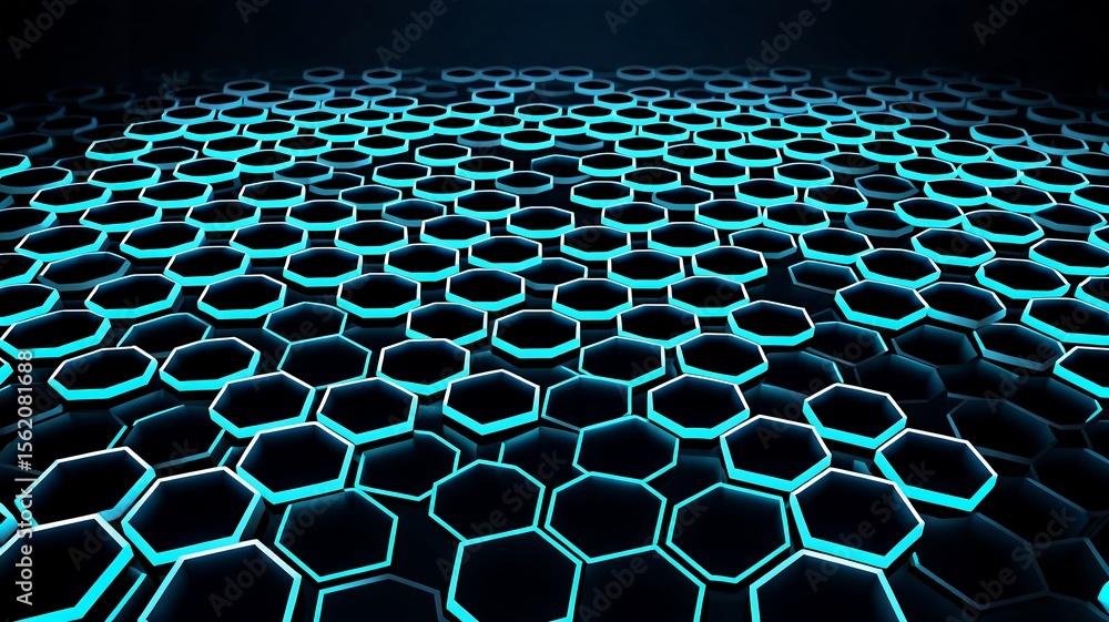Poster blue lit hexagonal pattern expanding into the dark distance