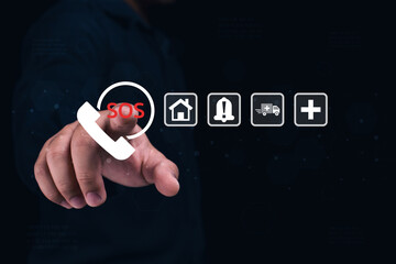 A hand points to a glowing SOS icon with emergency-related symbols on a dark digital interface...