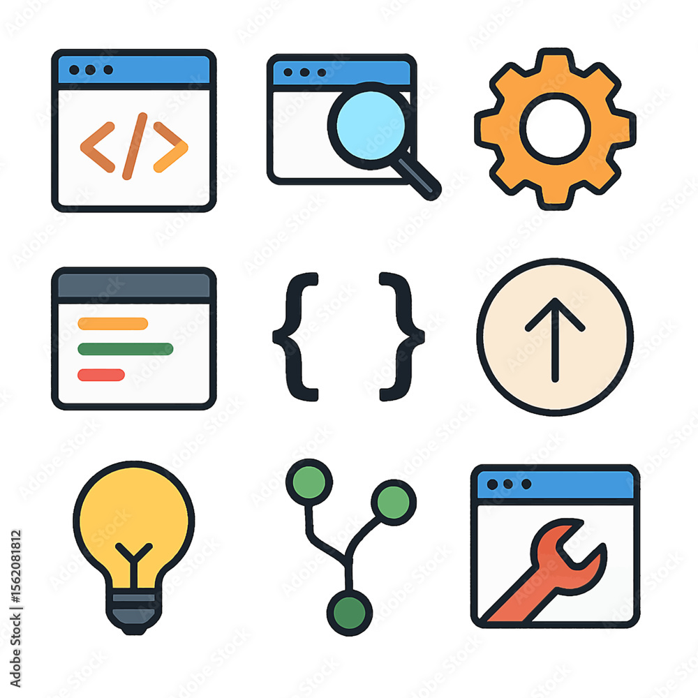 Poster software development vector icons depicting coding, search, settings, and troubleshooting