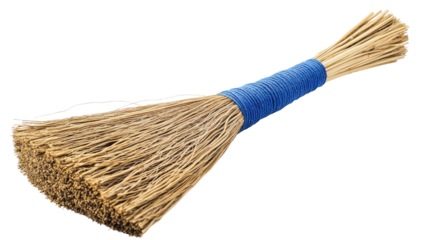 Classic corn broom with blue band, rustic and homey Transparent background, PNG