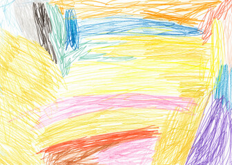 Hand drawn colorful scribble chaos doodle pattern. Absract childich illustration drawn with crayons and colored pencils