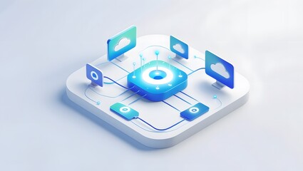 Isometric Data Transfer and Cloud Storage Icon: Digital Service Representation with Network Connection for Websites