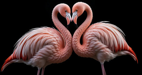 Obraz premium Two pink flamingos create a heart shape with their necks against a black background, symbolizing love, romance, and connection.