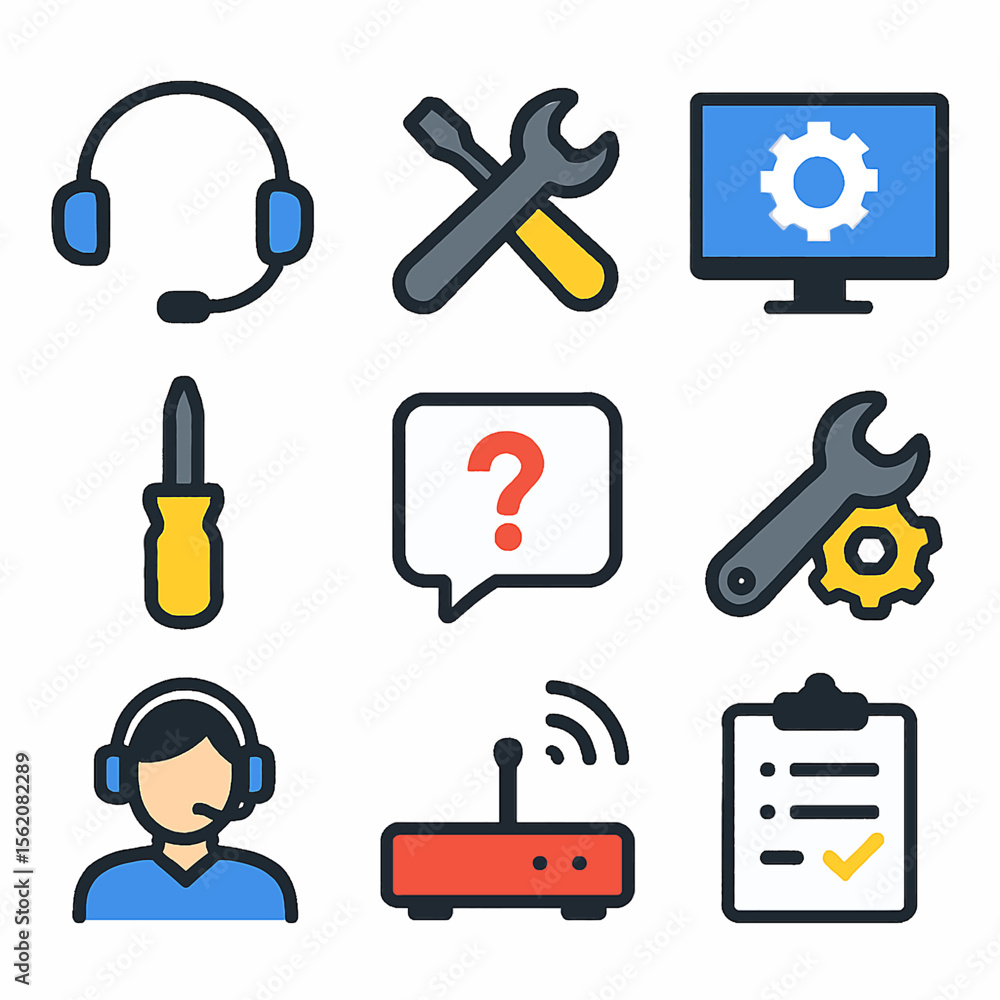 Poster technical support and maintenance icons set featuring tools and communication devices
