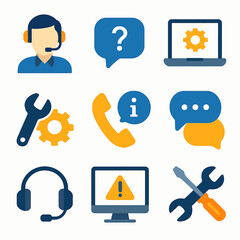 Technical support and assistance vector icon set presenting service solutions