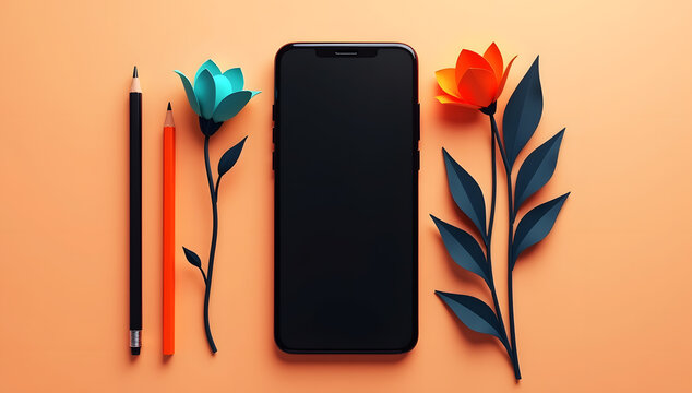 Black smartphone with orange and teal paper flowers and pencils