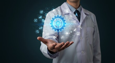 A doctor's hand holds a glowing gear with data icons