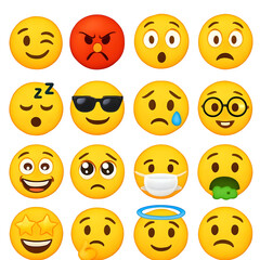 A grid of diverse emoji faces expressing a wide range of emotions including happiness sadness anger surprise and sickness against a transparent background. Emoji day, PNG