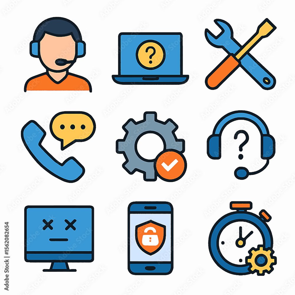 Poster technical support vector icons showcasing service assistance and problem solving