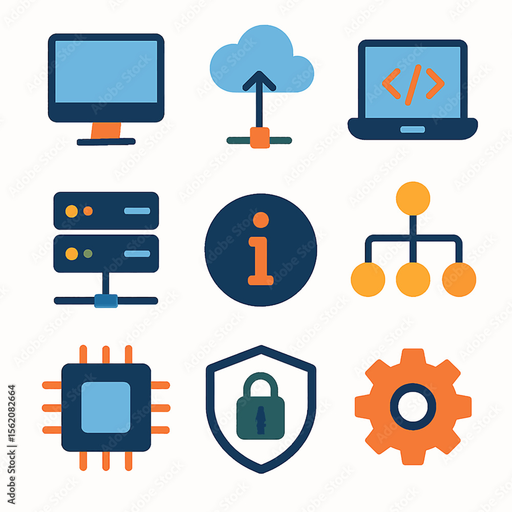 Poster technology icons set featuring computer, cloud, laptop, server and security shield