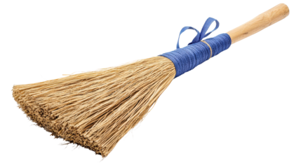 Classic corn broom with blue band, rustic and homey Transparent background, PNG